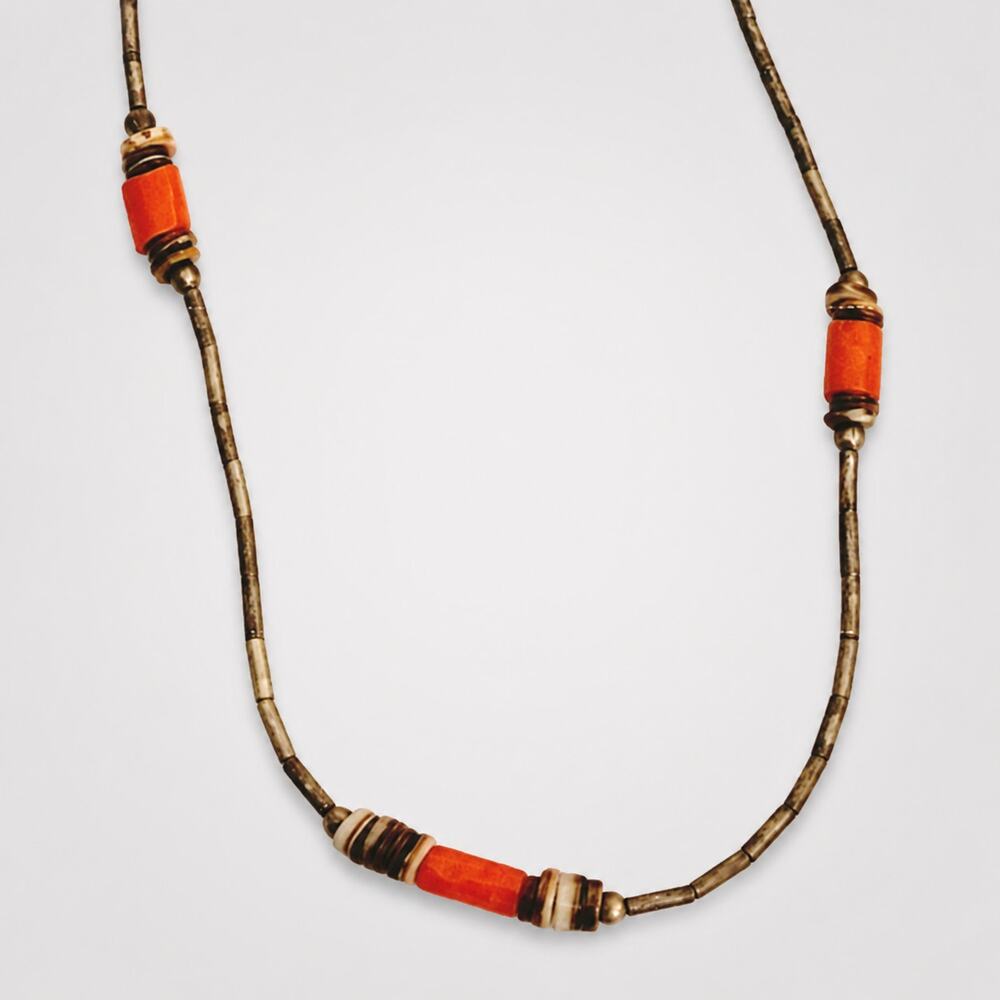 Southwestern Boho‎ Beaded Necklace Orange Silver Tone Short 18" rd03-6
